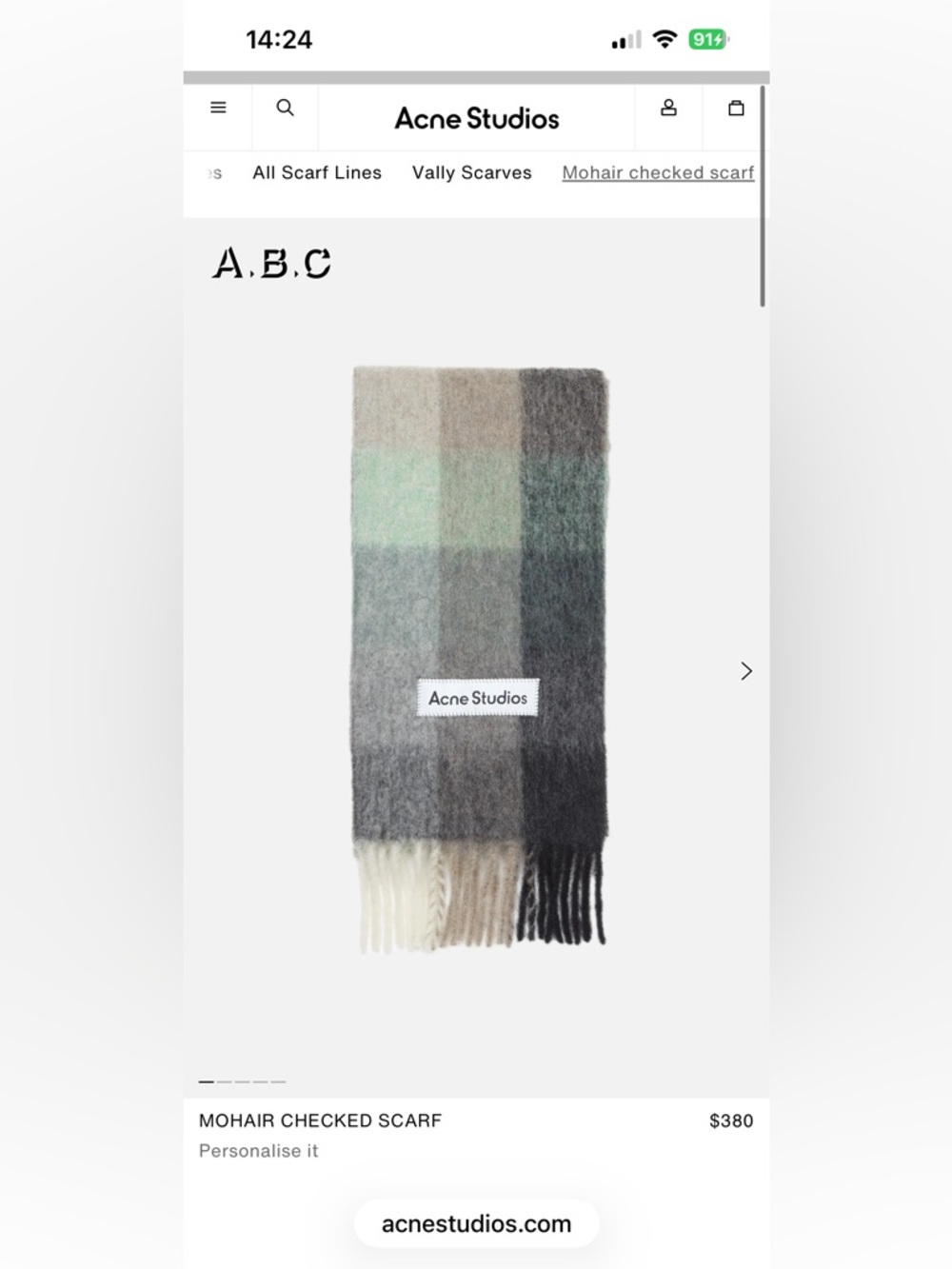 Acne Studios MOHAIR CHECKED SCARF - Green/Gray